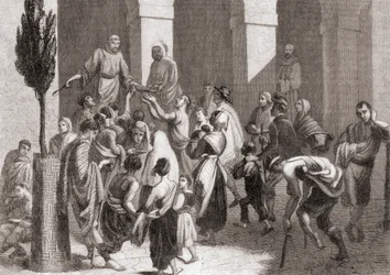 Repartiendo sopa a los pobres del Convento de Santa Madrona, Barcelona, España